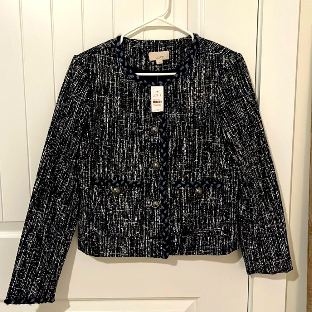Stylish Loft Short jacket - black/white tweed with blue and black piping.